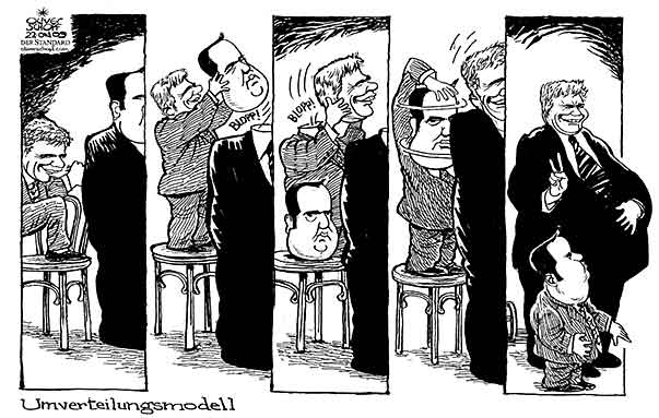  Oliver Schopf, politischer Karikaturist aus Österreich, politische Karikaturen, Illustrationen Archiv politische Karikatur Österreich Koalition 2009:umverteilungsmodell,  koalition, faymann, proell, umverteilung, transferleistung, modell, koepfetausch
