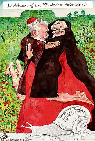  Oliver Schopf, politischer Karikaturist aus Österreich, politische Karikaturen, Illustrationen Archiv politische Karikatur Österreich: Kunst und Kultur 
2010: rudolf leopold, claudia schmied provenienz schiele klimt kardinal nonne liebkosung mohnwiese