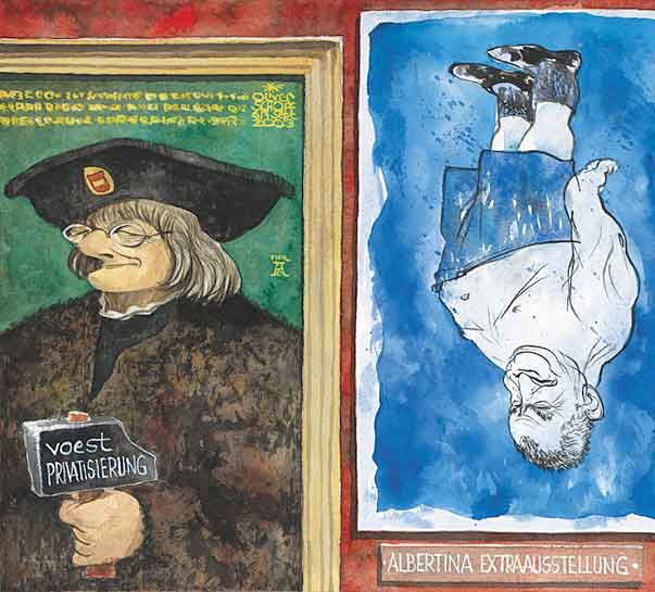  Oliver Schopf, politischer Karikaturist aus Österreich, politische Karikaturen, Illustrationen Archiv politische Karikatur Österreich Kunst und Kultur: 2003:
schuessel, haupt, voest, privatisierung, albertina, duerer, baselitz


