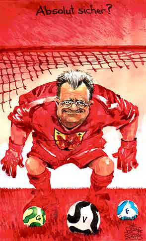  Oliver Schopf, politischer Karikaturist aus Österreich, politische Karikaturen, Illustrationen Archiv politische Karikatur Österreich 2010: burgenland landtagswahl hans niessl fussball tormann
