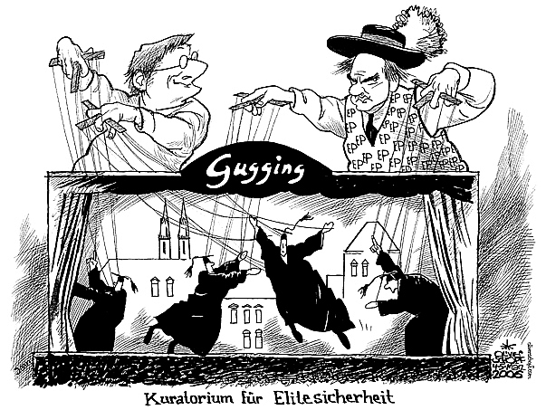  Oliver Schopf, politischer Karikaturist aus Österreich, politische Karikaturen, Illustrationen Archiv politische Karikatur Österreich: Landeshauptleute Niederösterreich Erwin Pröll 2006;   die Eliteuniversität in Gugging  schuessel schüssel wolfgang
 width=