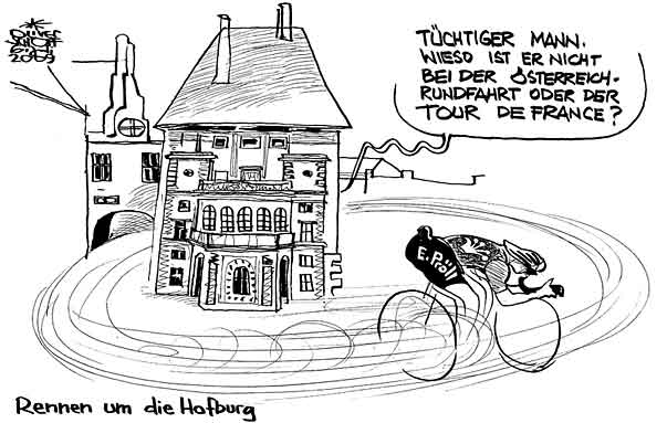  Oliver Schopf, politischer Karikaturist aus Österreich, politische Karikaturen, Illustrationen Archiv politische Karikatur Österreich: Landeshauptleute Niederösterreich 2009: hofburg, bundespraesidentenwahl, erwin proell, rad, rennen, oesterreich-radrundfahrt, tour de france