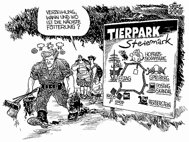  Oliver Schopf, politischer Karikaturist aus Österreich, politische Karikaturen, Illustrationen Archiv politische Karikatur Österreich: 2005 Landeshauptleute Steiermark
 landeshauptfrau klasnic herberstein tiergarten spielberg red bull estag
