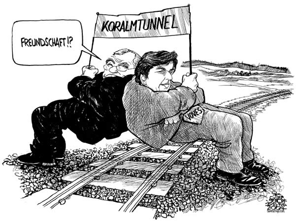  Oliver Schopf, politischer Karikaturist aus Österreich, politische Karikaturen, Illustrationen Archiv politische Karikatur Österreich: Landeshauptleute Steiermark 2007: koralm, eisenbahntunnel, oebb2007: festhalten am projekt koralmtunnel, gusenbauer, voves, freundschaft, bahnstrecke

