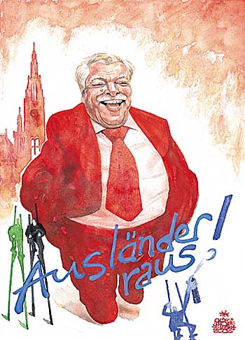  Oliver Schopf, politischer Karikaturist aus Österreich, politische Karikaturen, Illustrationen Archiv politische Karikatur Österreich: 2005 Landeshauptleute Wien Landeshauptmann Häupl
  Spoe  spö  haeupl wien auslaender raus xenophobie im wahlkampf 
