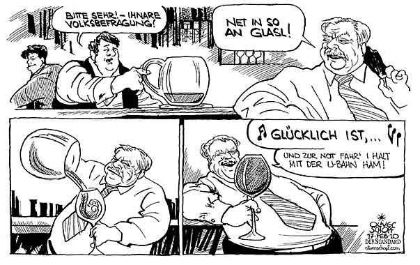  Oliver Schopf, politischer Karikaturist aus Österreich, politische Karikaturen, Illustrationen Archiv politische Karikatur Österreich: Landeshauptleute Wien  Wahl 2010
Österreich 2010: wien haeupl volksbefragung glas weinglas trinken 
