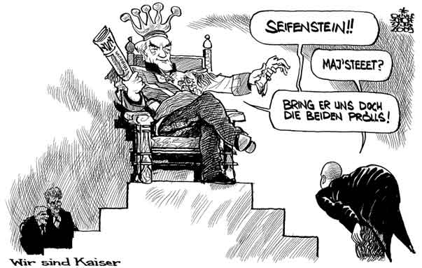  Oliver Schopf, politischer Karikaturist aus Österreich, politische Karikaturen, Illustrationen Archiv politische Karikatur Österreich: 2009:
2009: hans dichand, kronenzeitung, krone, kaiser, wir sind kaiser, heinz fischer, faymann, seifenstein, proell

