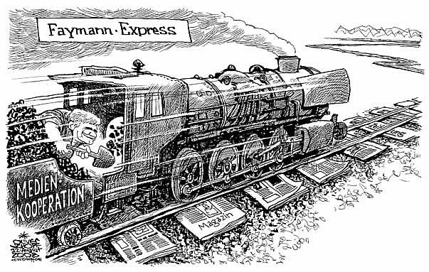  Oliver Schopf, politischer Karikaturist aus Österreich, politische Karikaturen, Illustrationen Archiv politische Karikatur Österreich: 2008:
Spoe, 
Werner faymann, oebb, medienkooperation, lok, kohle, schaufeln


