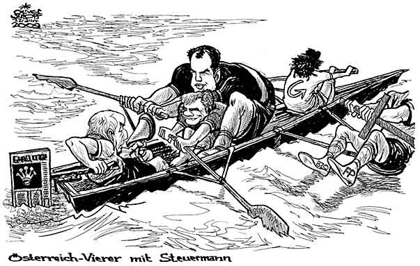 Oliver Schopf, politischer Karikaturist aus Österreich, politische Karikaturen, Illustrationen Archiv politische Karikatur Österreich: 2009:
koalition, rudern, ruderboot, vierer, steuermann, dichand, proell, faymann

