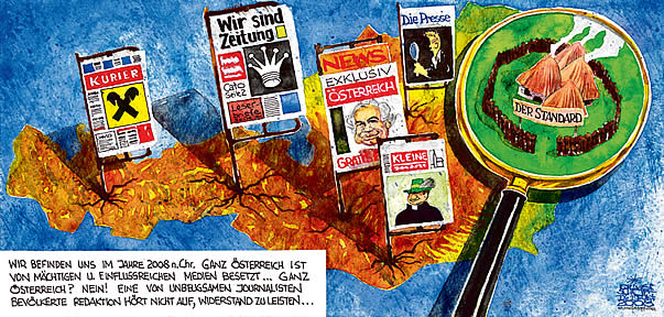  Oliver Schopf, politischer Karikaturist aus Österreich, politische Karikaturen, Illustrationen Archiv politische Karikatur Österreich: 2008: medien, zeitungen, der standard, 20 jahre, asterix, gallisches dorf

