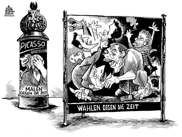  Oliver Schopf, politischer Karikaturist aus Österreich, politische Karikaturen, Illustrationen Archiv politische Karikatur Österreich: Nationalratswahl 2006 Schuessel Gusenbauer picasso, albertina, ausstellung, malen gegen die zeit, wahlkampf, plakat

