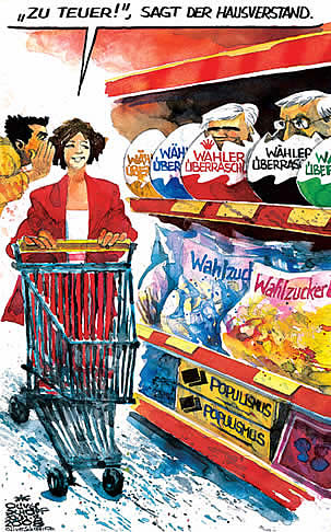  Oliver Schopf, politischer Karikaturist aus Österreich, politische Karikaturen, Illustrationen Archiv politische Karikatur Österreich: Nationalratswahl 2008
wahl 08, einkaufen, supermarkt, teuer, wahlzuckerl, populismus, kinderueberraschung, hausverstand

