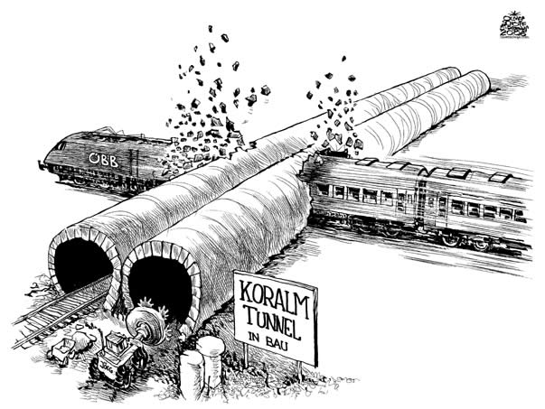  Oliver Schopf, politischer Karikaturist aus Österreich, politische Karikaturen, Illustrationen Archiv politische Karikatur Österreich: ÖBB 2006: koralm, eisenbahntunnel, oebb, joerg, zug

