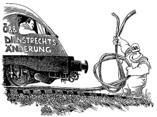  Oliver Schopf, politischer Karikaturist aus Österreich, politische Karikaturen, Illustrationen Archiv politische Karikatur Österreich: ÖBB 2005:  oebb, zug, dienstrechtsänderung

