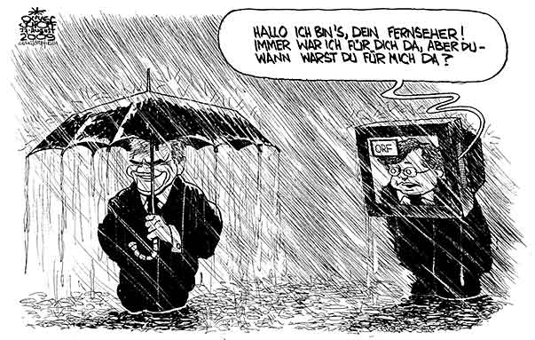  Oliver Schopf, politischer Karikaturist aus Österreich, politische Karikaturen, Illustrationen Archiv politische Karikatur Österreich:  
 2009:
orf, wrabetz, faymann, fernseher, regen, im regen stehen 
