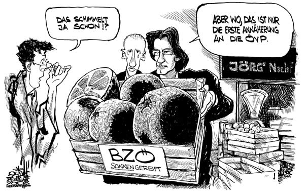  Oliver Schopf, politischer Karikaturist aus Österreich, politische Karikaturen, Illustrationen Archiv politische Karikatur Österreich: Parteien BZÖ Bzoe, 2008:
Bzoe, petzner, bucher, orangen, markt, schimmel

