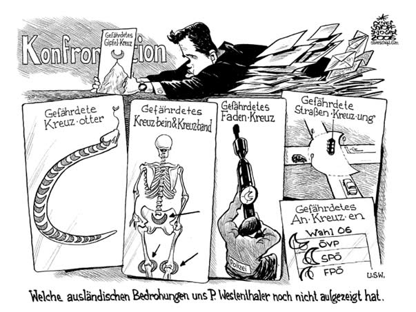  Oliver Schopf, politischer Karikaturist aus Österreich, politische Karikaturen, Illustrationen Archiv politische Karikatur Österreich: Parteien BZÖ Bzoe, 2006: wahlkampf, konfrontation, peter westenthaler, bzoe, gipfelkreuz, halbmond, auslaenderpolitik

