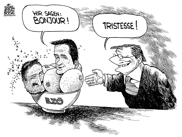  Oliver Schopf, politischer Karikaturist aus Österreich, politische Karikaturen, Illustrationen Archiv politische Karikatur Österreich: Parteien BZÖ Bzoe, Wolfgang Schuessel, Peter Westenthaler, Bonjour Tristesse

