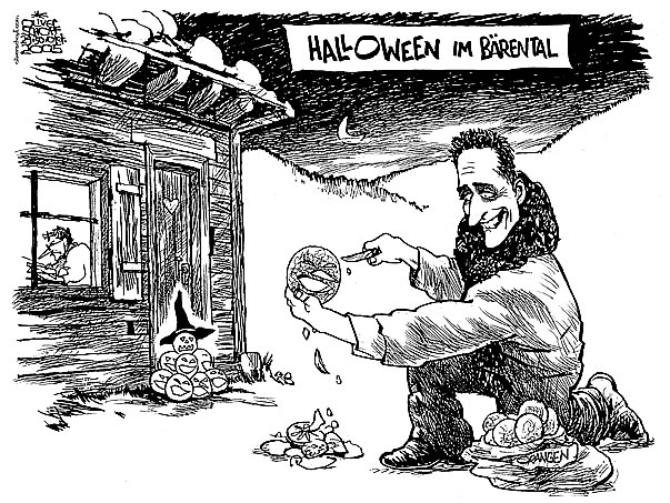  
Oliver Schopf, editorial cartoons from Austria, cartoonist from Austria, Austrian illustrations, illustrator from Austria, editorial cartoon
Europe austria 2005 halloween in the bärental Christian Strache fpö and Joerg Haider bzö after elections 2005

