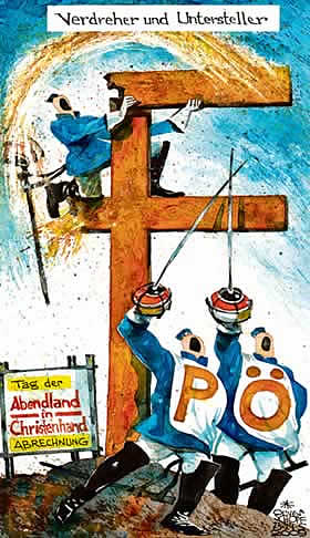  Oliver Schopf, politischer Karikaturist aus Österreich, politische Karikaturen, Illustrationen Archiv politische Karikatur Österreich: Parteien FPÖ 2009: fpoe, eu-wahl, religion, kreuz, missbrauch, verdreher, untersteller, burschenschafter, abendland in christenhand, abrechnung


