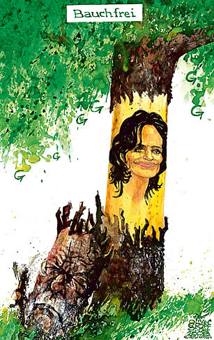  Oliver Schopf, politischer Karikaturist aus Österreich, politische Karikaturen, Illustrationen Archiv politische Karikatur Österreich: Parteien die Grünen 
2008: gruene, eva glawischnig, van der bellen, baum, rinde, bauchfrei
