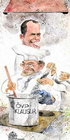  Oliver Schopf, politischer Karikaturist aus Österreich, politische Karikaturen, Illustrationen Archiv politische Karikatur Österreich: Parteien ÖVP 2008:
Oevp, perspektiven, josef proell, erwin proell, faymann, van der bellen, kenia-koalition oevp, kochen, klausur, molterer, josef proell, schuessel

