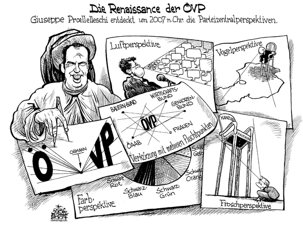  Oliver Schopf, politischer Karikaturist aus Österreich, politische Karikaturen, Illustrationen Archiv politische Karikatur Österreich: Parteien ÖVP  
2006; oesterreich, oevp, josef proell, perspektiven, brunelleschi, renaissance, zentralperspektive, froschperspektive, vogelperspektive, luftperspektive, farbperspektive, verkuerzung, fluchtpunkt
