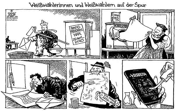  Oliver Schopf, politischer Karikaturist aus Österreich, politische Karikaturen, Illustrationen Archiv politische Karikatur Österreich Bundespräsident  Bundespräsidentwnwahl 2010 Bundespraesidentschaftswahlkampf 2010  heinz fischer kandidatin der fpoe rosenkranz kellernazi
 weiss waehler wahlzelle urne 


