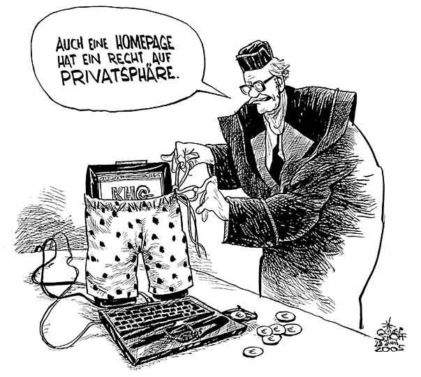  Oliver Schopf, politischer Karikaturist aus Österreich, politische Karikaturen, Illustrationen Archiv politische Karikatur Österreich: Promis Prominente 2005:
grasser, khg, homepage, badehose, richter, urteil, computer
