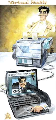  Oliver Schopf, politischer Karikaturist aus Österreich, politische Karikaturen, Illustrationen Archiv politische Karikatur Österreich: 2004:
grasser, kgh, homepage, computer, drucker, weisse weste, virtual reality
