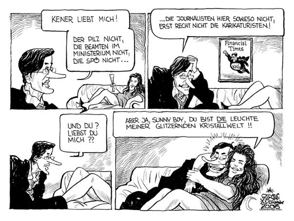  Oliver Schopf, politischer Karikaturist aus Österreich, politische Karikaturen, Illustrationen Archiv politische Karikatur Österreich: Promis Prominente 2006 karl-heinz grasser, fiona swarovski, sunny boy, kristallwelt, leuchte,
liebe
