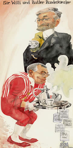  
Oliver Schopf, editorial cartoons from Austria, cartoonist from Austria, Austrian illustrations, illustrator from Austria, editorial cartoon
Europe austria 2008: Chancellor Alfred Gusenbauer (in red) and Vice-Chancellor Willi Molterer (in black)  in exchanged parts servant butler sir tea time

