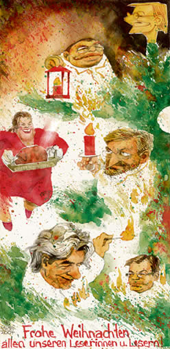  Oliver Schopf, politischer Karikaturist aus Österreich, politische Karikaturen, Illustrationen Archiv politische Karikatur Österreich Regierung Gusenbauer Team 
Österreichregierung, koalition,  2007,, weihnachten, regierung, christbaum, schuessel, gusenbauer, molterer, buchinger, platter, kdolsky

