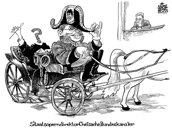  Oliver Schopf, politischer Karikaturist aus Österreich, politische Karikaturen, Illustrationen Archiv politische Karikatur Österreich Regierung Gusenbauer Team 
Österreichregierung, koalition, 2007:staatsopersirektor gusenbauer im fiaka

