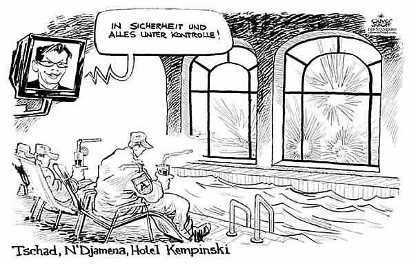  Oliver Schopf, politischer Karikaturist aus Österreich, politische Karikaturen, Illustrationen Archiv politische Karikatur Österreich Regierung Gusenbauer Team 
2008; tschadeinsatz, darabos, soldaten, pool, hotel kempinski, strohalm, sicherheit, komtrolle

