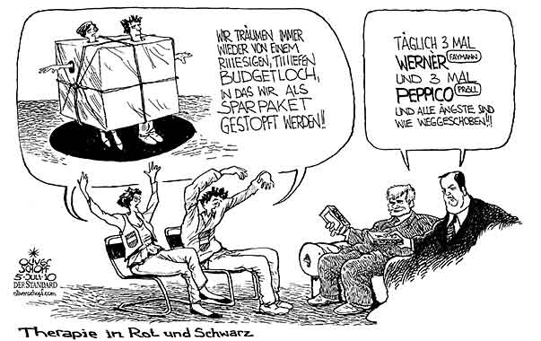  Oliver Schopf, politischer Karikaturist aus Österreich, politische Karikaturen, Illustrationen Archiv politische Karikatur Österreich Wirtschaft  und Finanzen
 2010:  budget sparpaket große koalition faymann proell therapie medikament



