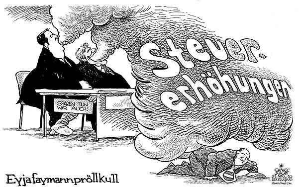 Oliver Schopf, politischer Karikaturist aus Österreich, politische Karikaturen aus Österreich, Karikatur, Illustrationen Politik Politiker Österreich 2010: steuererhoehungen faymann proell ministerrat vulkan eyjafjallajoekull aschenwolke


