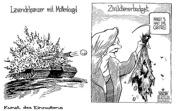  Oliver Schopf, politischer Karikaturist aus Österreich, politische Karikaturen, Illustrationen Archiv politische Karikatur Österreich Bundesheer
2010 bundesheer zivildiener budget fekter einmotten panzer lavendel mottenkugel caritas


