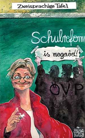  Oliver Schopf, politischer Karikaturist aus Österreich, politische Karikaturen, Illustrationen Archiv politische Karikatur Österreich Regierung Faymann
2009:
Schule, schulreform, claudia schmied, oevp, zweisprachig, tafel

