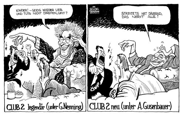  Oliver Schopf, politischer Karikaturist aus Österreich, politische Karikaturen, Illustrationen Archiv politische Karikatur Österreich Regierung Gusenbauer
 2007, club2, guenther nenning, gusenbauer, streiten, diskussion

