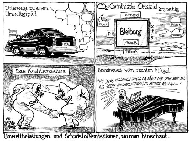  Oliver Schopf, politischer Karikaturist aus Österreich, politische Karikaturen, Illustrationen Archiv politische Karikatur Österreich Regierung Gusenbauer
2006, umweltbelastungen, schadstoffemissionen, co2, koalitionsklima, bleiburg, pliberk, fluegel
