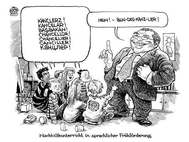  Oliver Schopf, politischer Karikaturist aus Österreich, politische Karikaturen, Illustrationen Archiv politische Karikatur Österreich Regierung Gusenbauer
2007; gusenbauer, nachhilfe, sprachliche fruehfoerderung, kanzler