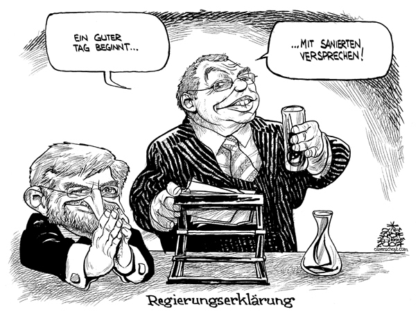  Oliver Schopf, politischer Karikaturist aus Österreich, politische Karikaturen, Illustrationen Archiv politische Karikatur Österreich Regierung Gusenbauer
2007; 2007: alfred gusenbauer, willi molterer, regierungserklaerung, versprechenr