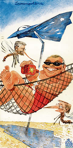  Oliver Schopf, politischer Karikaturist aus Österreich, politische Karikaturen, Illustrationen Archiv politische Karikatur Österreich Regierung Gusenbauer
 2007: gusenbauer, molterer, schuessel, summertime, haengematt

