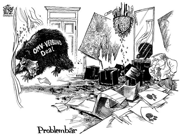  Oliver Schopf, politischer Karikaturist aus Österreich, politische Karikaturen, Illustrationen Archiv politische Karikatur Österreich Regierung Schüssel 
 2006:  omv, verbund, problembaer, schuessel, buero des bundeskanzlers, ballhausplatz problembaer omv-verbund-deal


