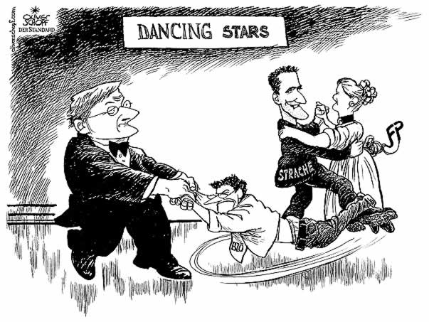  Oliver Schopf, politischer Karikaturist aus Österreich, politische Karikaturen, Illustrationen Archiv politische Karikatur Österreich Regierung Schüssel 
 2006: schuessel strache haider dancing stars


