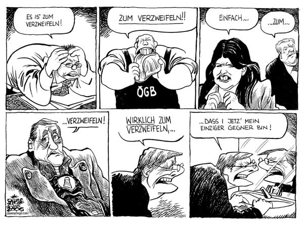  Oliver Schopf, politischer Karikaturist aus Österreich, politische Karikaturen, Illustrationen Archiv politische Karikatur Österreich Regierung Schüssel 
Nationalratswahl 2006: gusenbauer, burgstaller, haeupl, androsch, schuessel, verzweifeln


