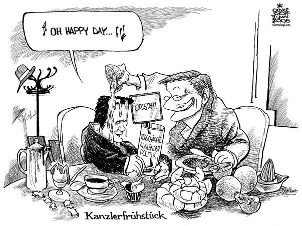  Oliver Schopf, politischer Karikaturist aus Österreich, politische Karikaturen, Illustrationen Archiv politische Karikatur Österreich Regierung Schüssel 
  wolfgang schuessel Landtagswahl 2006; kanzlerfruehstueck, wolfgang schuessel, peter westenthaler, auslaenderpolitik, ortstafel, fruchtsaft, orangensaft

