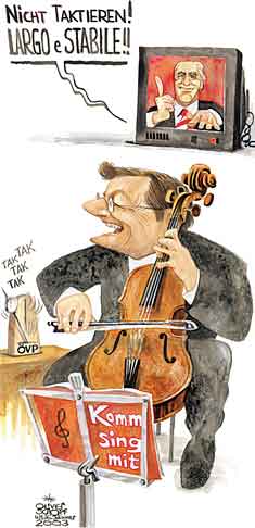  Oliver Schopf, politischer Karikaturist aus Österreich, politische Karikaturen, Illustrationen Archiv politische Karikatur Österreich Regierung Schüssel 
2003: schuessel, cello, klestil, singbuch, komm sing mit


