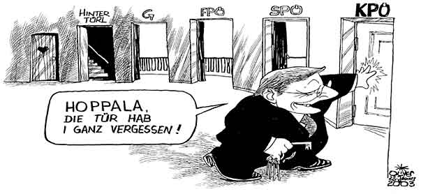  Oliver Schopf, politischer Karikaturist aus Österreich, politische Karikaturen, Illustrationen Archiv politische Karikatur Österreich Regierung Schüssel 
2003:
schuessel, koalitionsverhandlungen, tueren, offen



